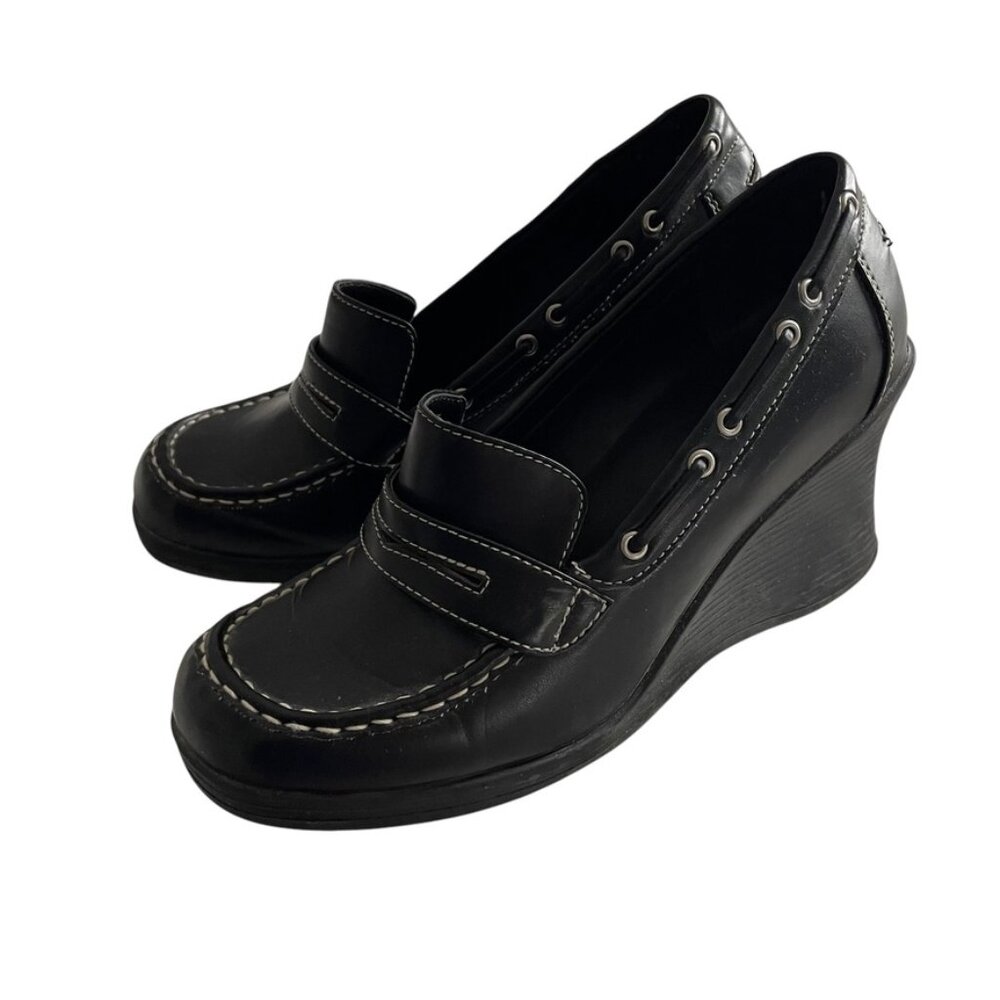 Vtg Y2K Chunky Platform Loafers 8 Black Faux Leather Wedges Heels Slip On Shoes